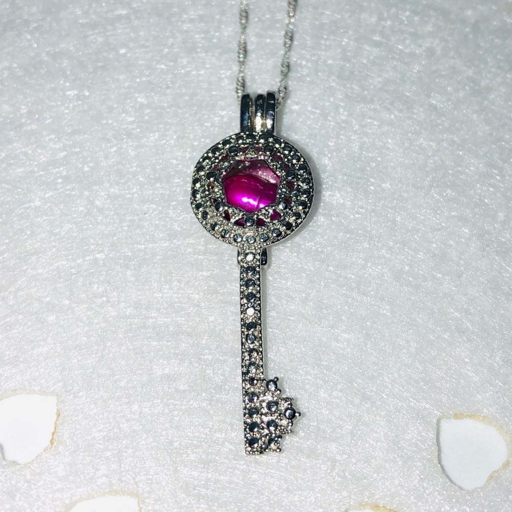 New silver key pearl charm with silver necklace
